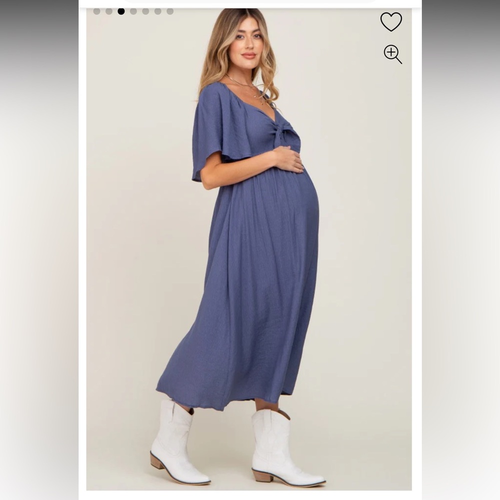 NWT PinkBlush Maternity Navy Front Tie Ruffle Sleeve Midi Dress - Picture 3 of 12